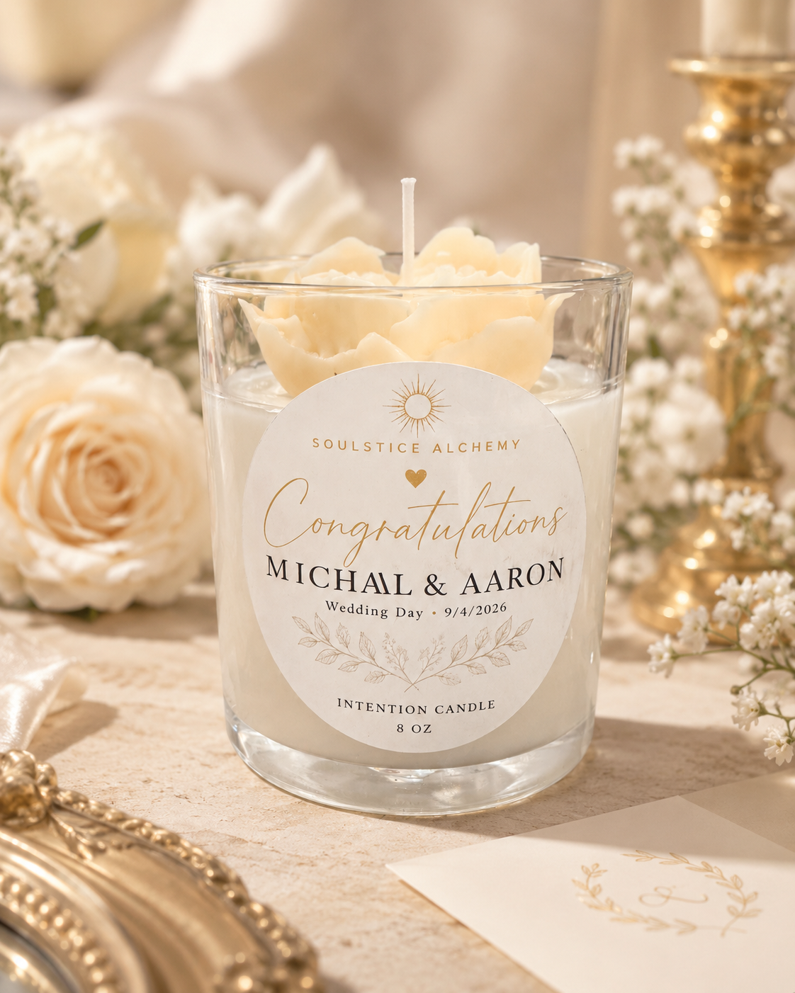 Personalized Wedding Intention Candle | Custom Floral Candle for Couples