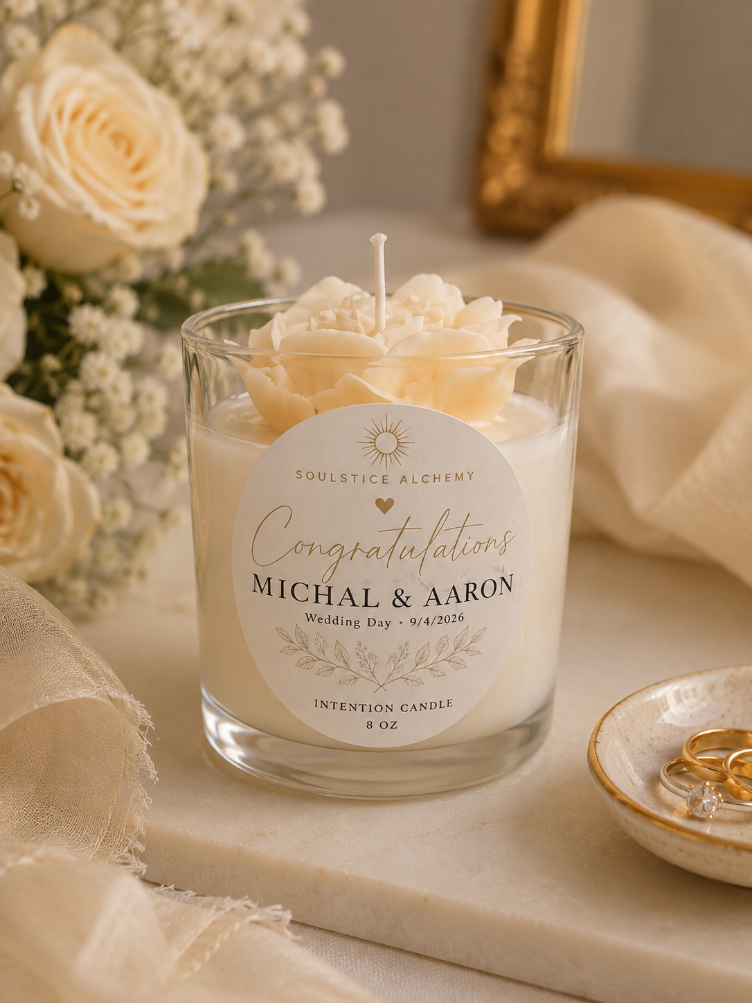 Personalized Wedding Intention Candle | Custom Floral Candle for Couples