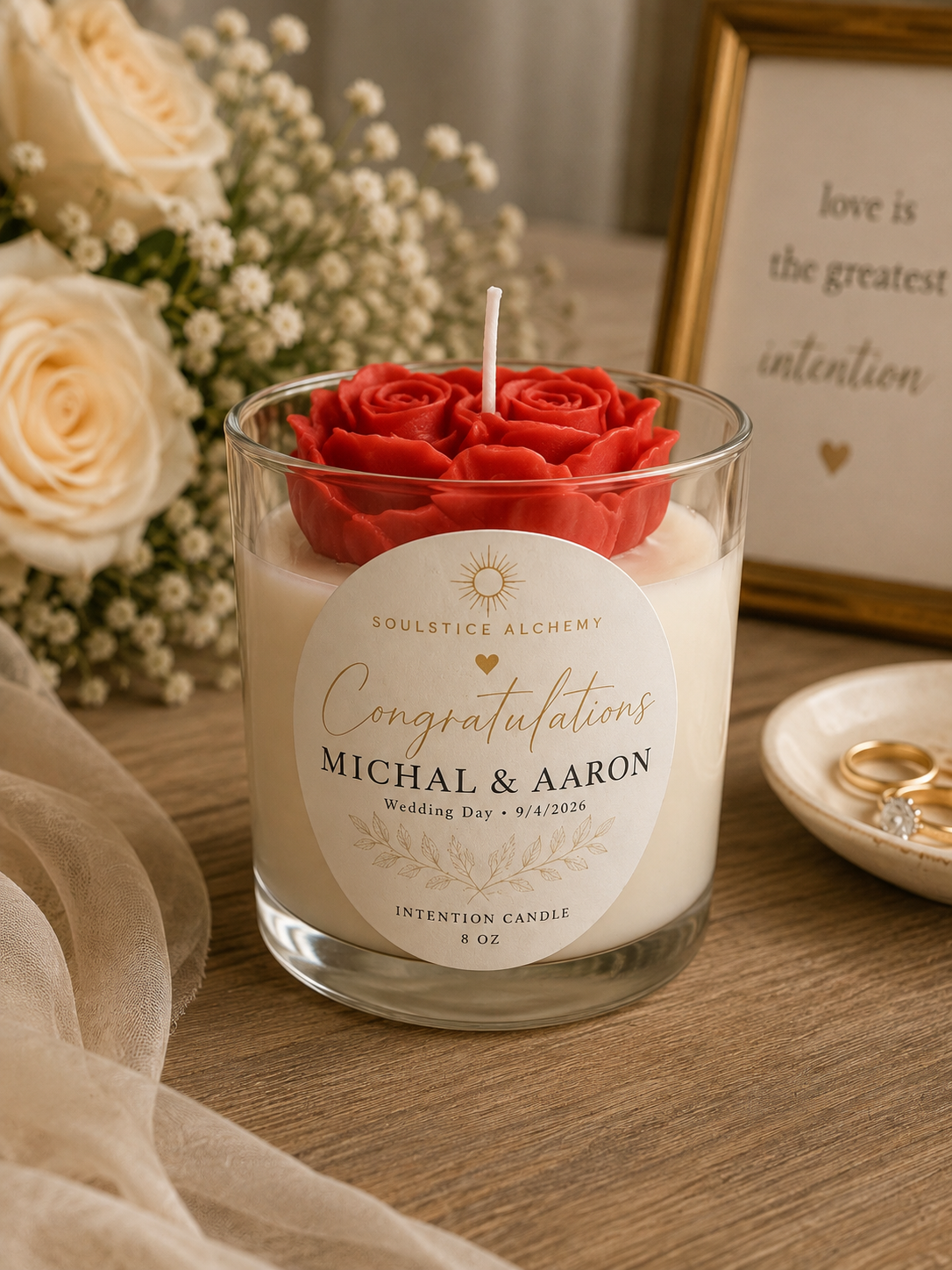 Personalized Wedding Intention Candle | Custom Floral Candle for Couples