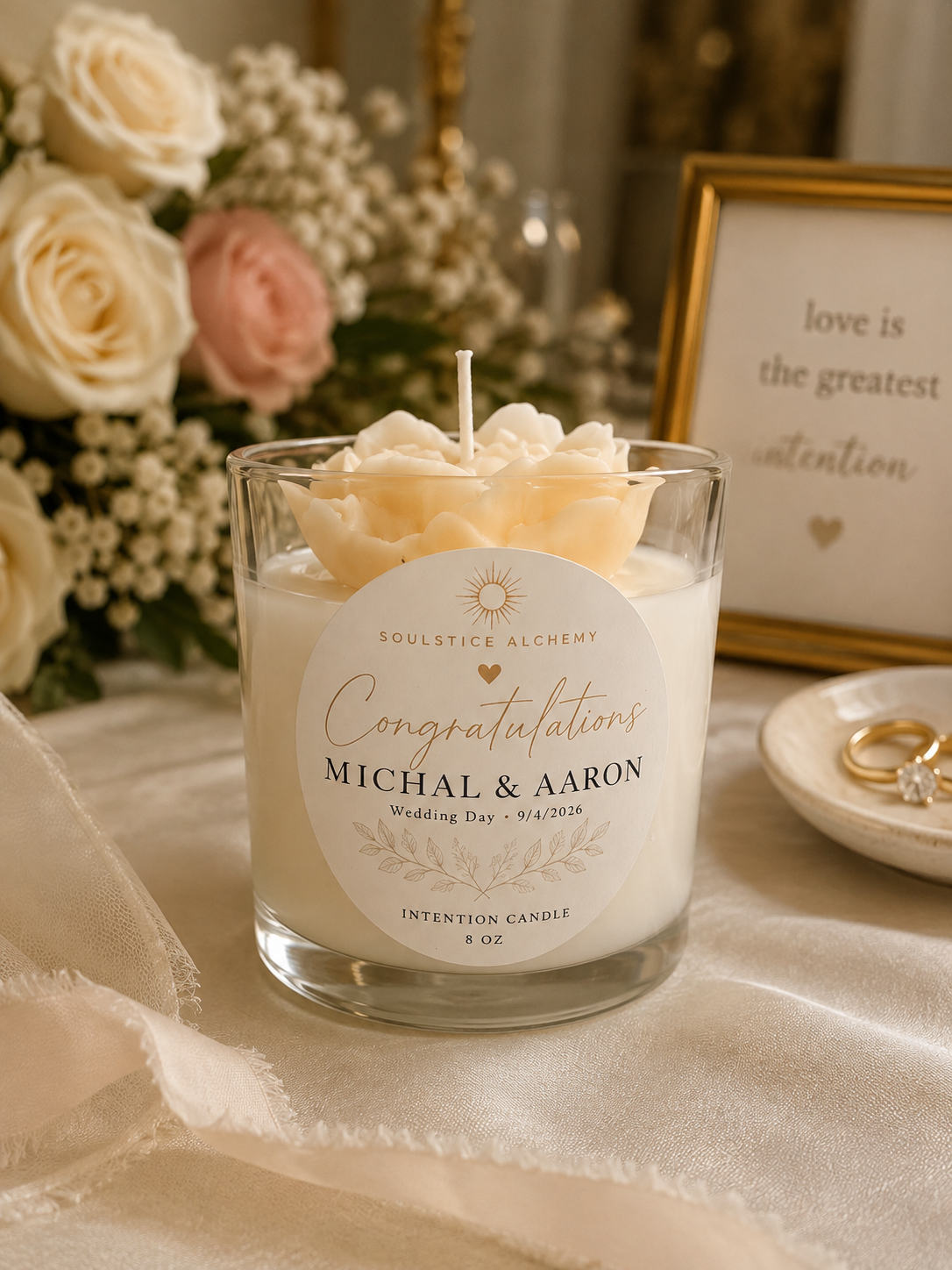 Personalized Wedding Intention Candle | Custom Floral Candle for Couples